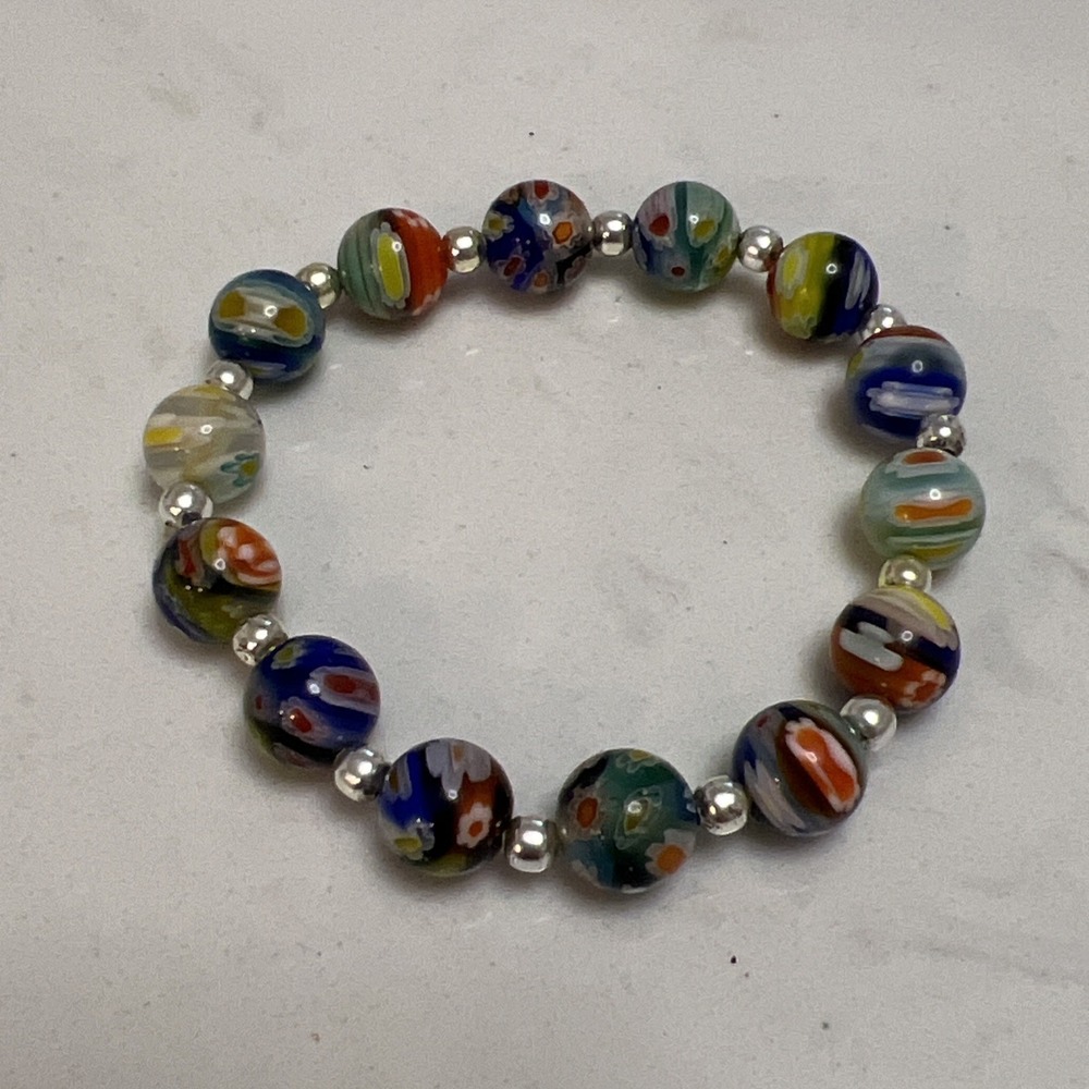 Vtg Murano Venetian Millefiori Multi Color Stretch Glass Bead Bracelet Sterling‎